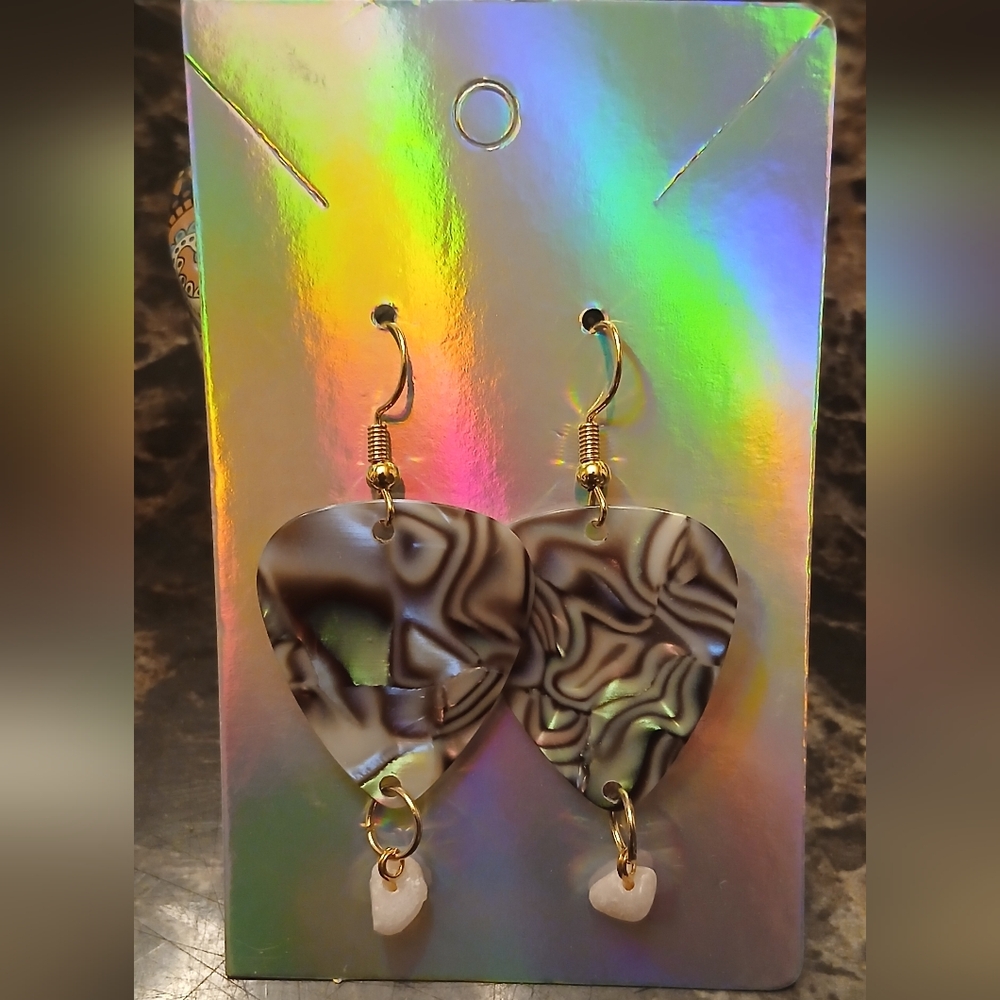 Handcrafted Brown Swirl Guitar Pick Drop Earrings with White Stone